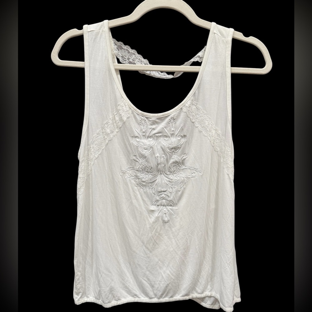 POL Ivory Lace Embroidered Twist Front Tank | Boho Cottagecore Top S - Picture 2 of 4
